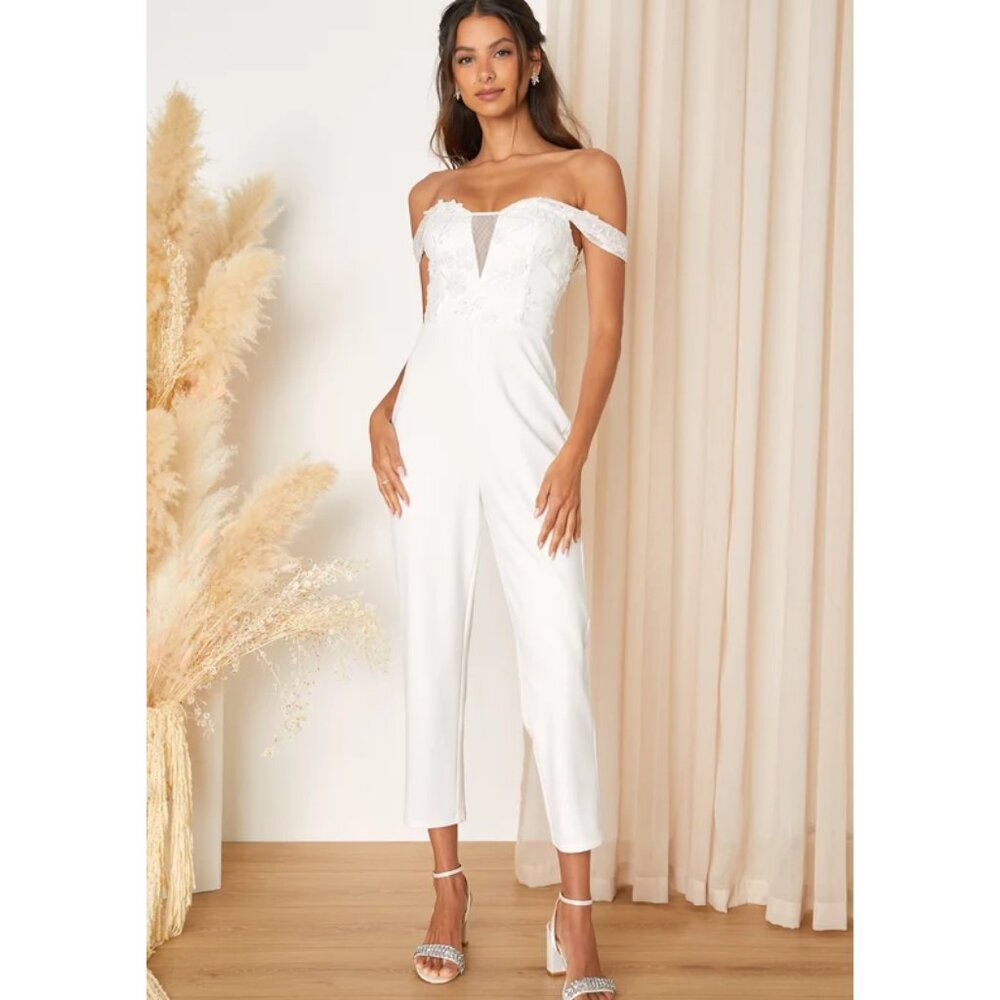 Lulus White Lovely Embroidered Off Shoulder Jumpsuit, #2188476, Size M, $57